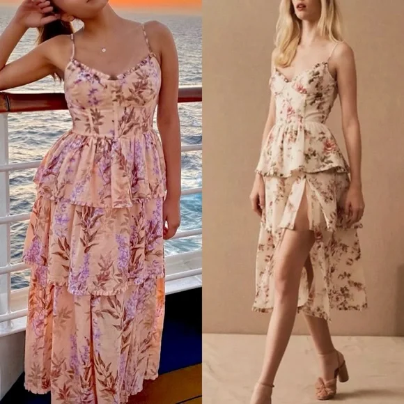 House Of Harlow 1960 Dresses | House Of Harlow- Revolve Tiered Ruffle Layer Floral Front Slit Corset Midi Dress | Color: Cream/Purple | Size: S |